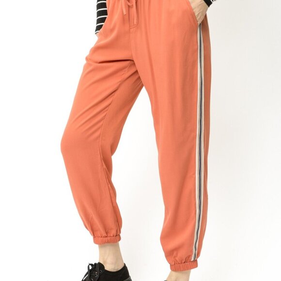 MYSTREE Rust Orange Stripe Side Joggers, Drawstring Waist, Casual Pants - Picture 3 of 6